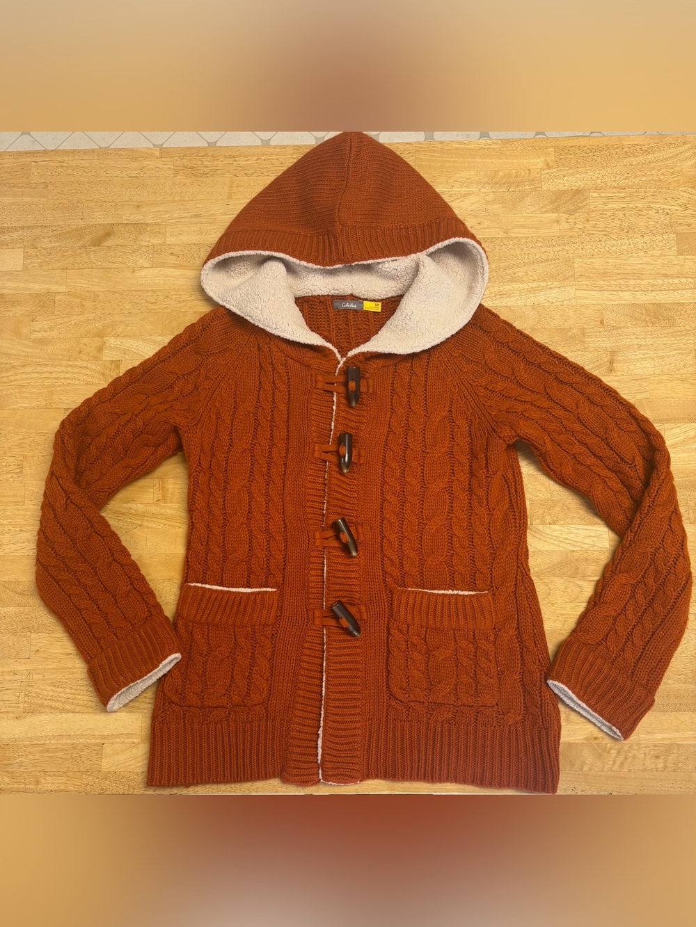 Cabelas Orange Cable Knit Toggle Cardigan Sherpa Lined Hood Pockets Sweater S